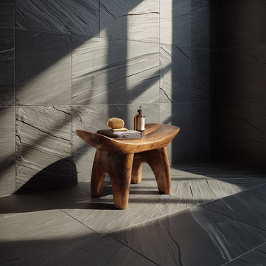 Contoured Shower Stool Natural Wood Bathroom Seating Sculptural Form