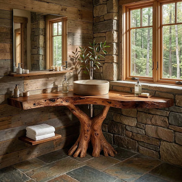 Live Edge Solid Wood Vanity with Tree Root Base for Rustic Bathroom