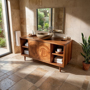 Mid-Century Solid Wood Bathroom Vanity with Storage Cabinets
