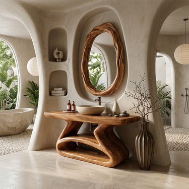 Natural Wood Bathroom Vanity With Curved Open Shelf Base
