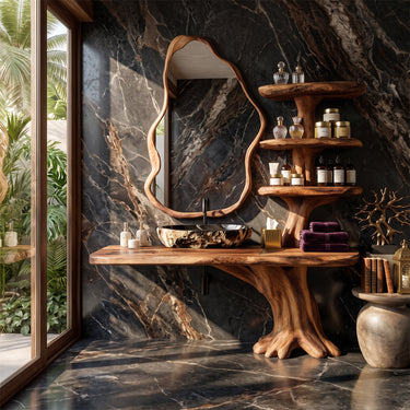 Natural Wood Bathroom Vanity With Tiered Side Shelves