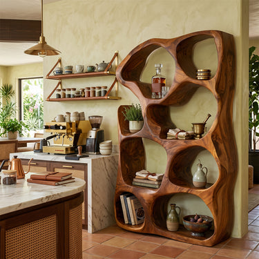 Natural Wood Bookshelf With Organic Rounded Niches