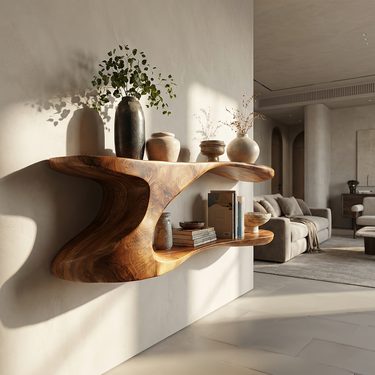Natural Wood Floating Shelf with Sculptural Dual-Level Curve