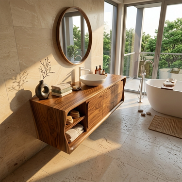 Floating Solid Wood Vanity with Rounded Edge Design and Storage