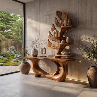 Sculptural Wood Console Table With Leaf-Inspired Shelves
