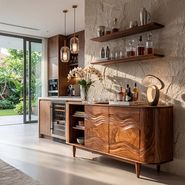 Organic Wave Carved Sideboard With Open Shelf Storage