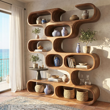Organic Sculptural Solid Wood Bookshelf With Curved Open Shelving
