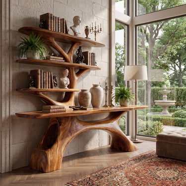 Sculptural Wood Room Divider Console With Open Shelves