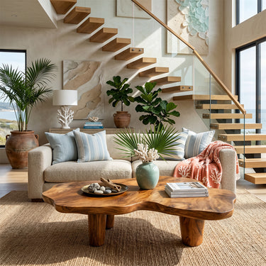 Freeform Live Edge Coffee Table with Sculptural Block Legs