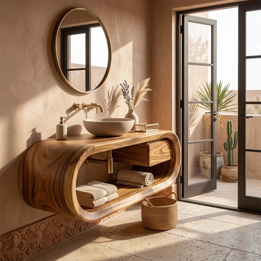 Curved Solid Wood Floating Vanity with Sculptural Open Storage