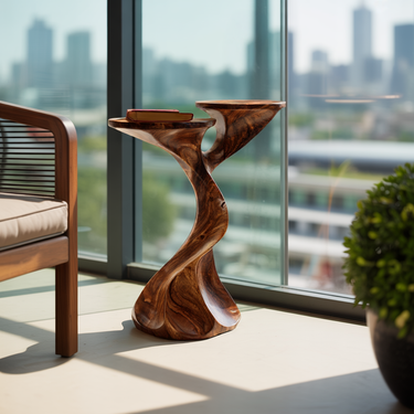Sculptural Wood Side Table with Dual Elevated Tops