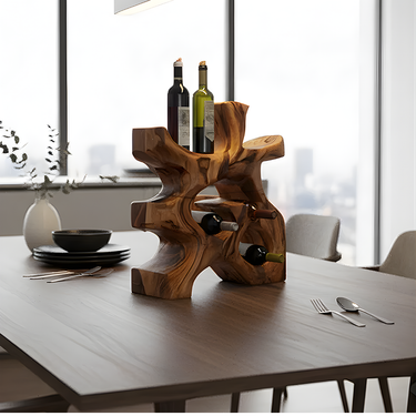 Handcarved Solid Wood Wine Rack Tabletop Sculptural Bottle Holder
