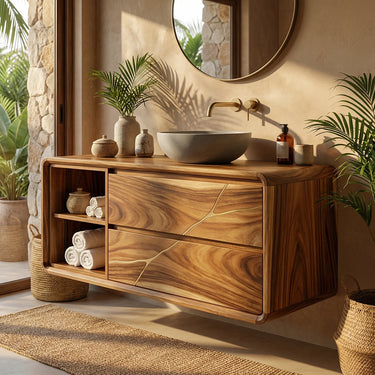 Artisan Solid Wood Vanity with Inlay Detail and Open Shelf Storage