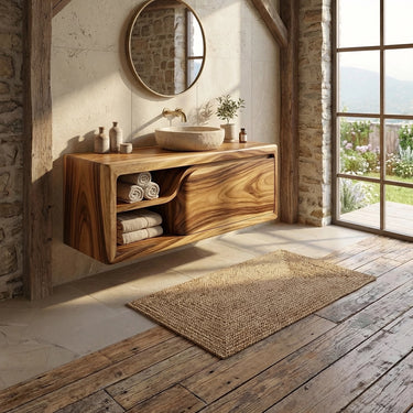 Sculpted Solid Wood Floating Vanity with Organic Wave Drawer