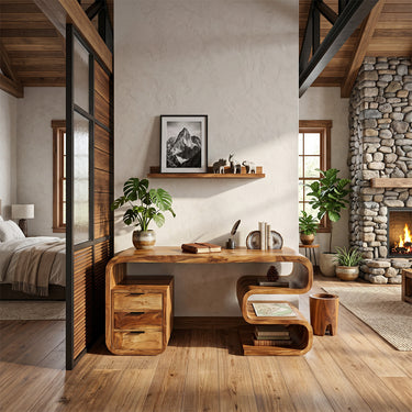 Natural Wood Console Table With Drawers And Wave Shelves