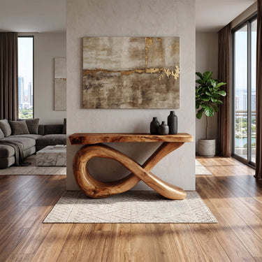 Natural Wood Console Table With Infinity Loop Base