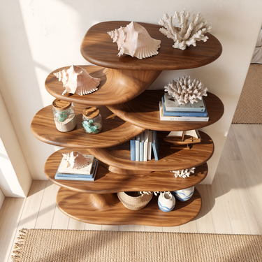 Minimal Sculptural Solid Wood Bookshelf With Soft Curved Shelves