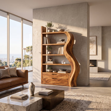 Solid Wood Bookshelf With Five Open Shelves And Two Storage Drawers