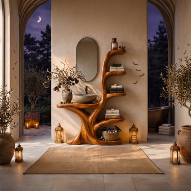 Sculptural Halloween Bathroom Vanity with Tiered Side Shelves For Modern Bathroom
