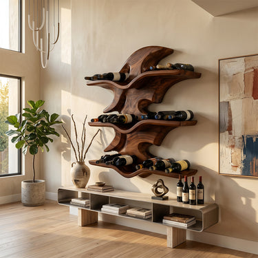 Natural Wood Wall Wine Rack With Wave Cradle Shelves