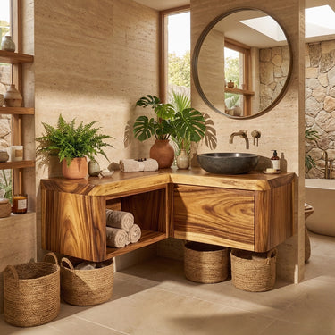 Corner Solid Wood Floating Vanity with Integrated Storage Design