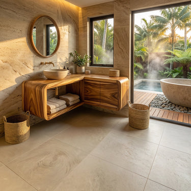 L-Shaped Solid Wood Floating Vanity with Sculptural Corner Design