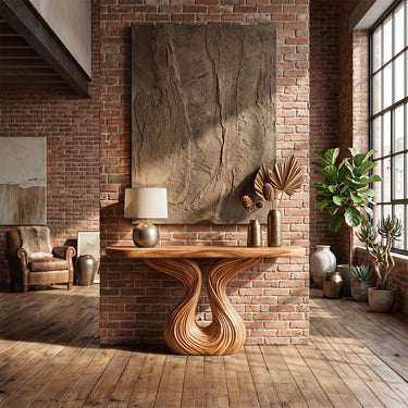 Natural Wood Console Table With Ribbed Sculptural Base