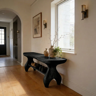 Organic Sculptural Entryway Bench with Open Storage Shelf
