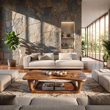 Solid Wood Coffee Table with Curved Frame and Lower Storage Shelf