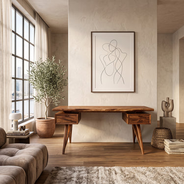 Organic Wood Computer Desk With Oval Open Base and Side Drawers