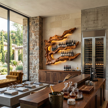 Natural Wood Wall Wine Display With Organic Branch Form