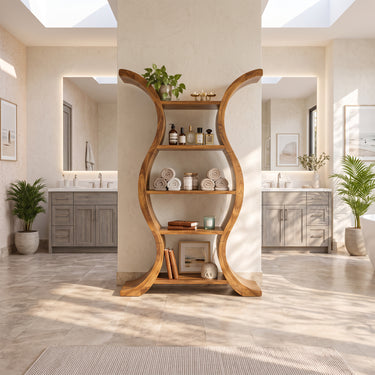 Narrow Solid Wood Bookshelf With Hourglass Frame And Four Open Shelves