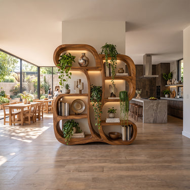 Modern Solid Wood Bookshelf With Sculptural Curves And Open Display Cubbies