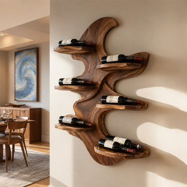 Natural Wood Wall Wine Rack With Sculpted Floating Shelves