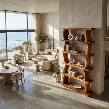 Natural Wood Bookshelf With Curved Ladder Frame