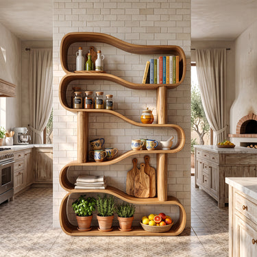 Natural Wood Wavy Bookcase With Layered Open Shelves