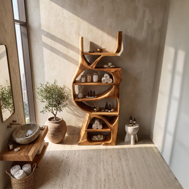 Natural Wood Bookshelf With Organic Sculptural Shelves