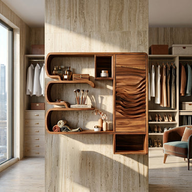 Natural Wood Bathroom Cabinet With Curved Shelves And Wave Door