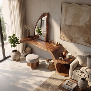 Compact Makeup Vanity Table With Sculptural Base in Natural Wood