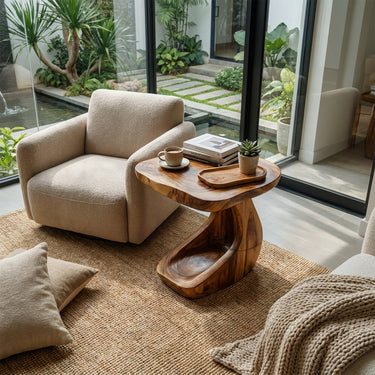 Natural Wood Side Table With Sculptural Curved Base