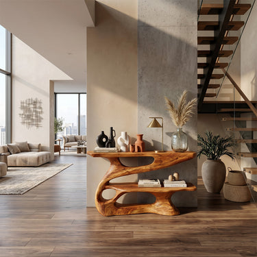 Modern Entryway Console Table With Sculptural Natural Wood Base