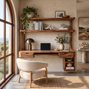 Solid Wood Floating Computer Desk With Hutch Keyboard Tray And Storage Drawers