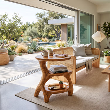 Round Side Table with Sculptural Curved Frame and Two Open Shelves