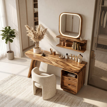 Natural Wood Vanity Desk With Integrated Shelf Storage