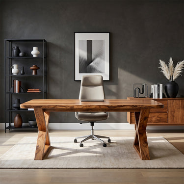 Natural Wood Writing Desk With Angled X Frame Legs
