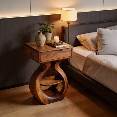 Solid Wood Nightstand With Sculptural Curved Base