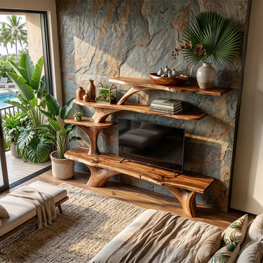 Sculptural Natural Wood Media Wall With Tiered Shelves