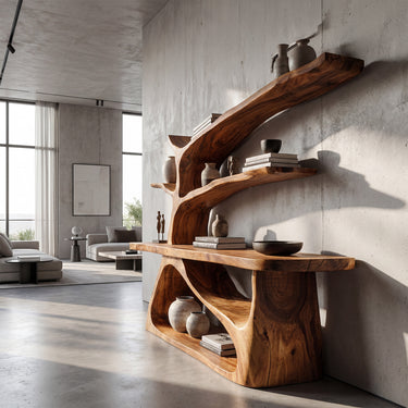 Sculptural Wood Console Table With Art Display Shelves