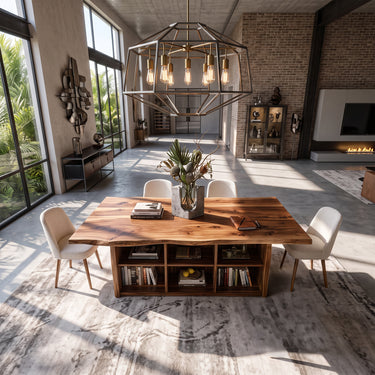 Solid Wood Dining Table With Integrated Bookshelf Storage