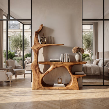 Sculptural Wood Console Table With Minimal Open Shelves